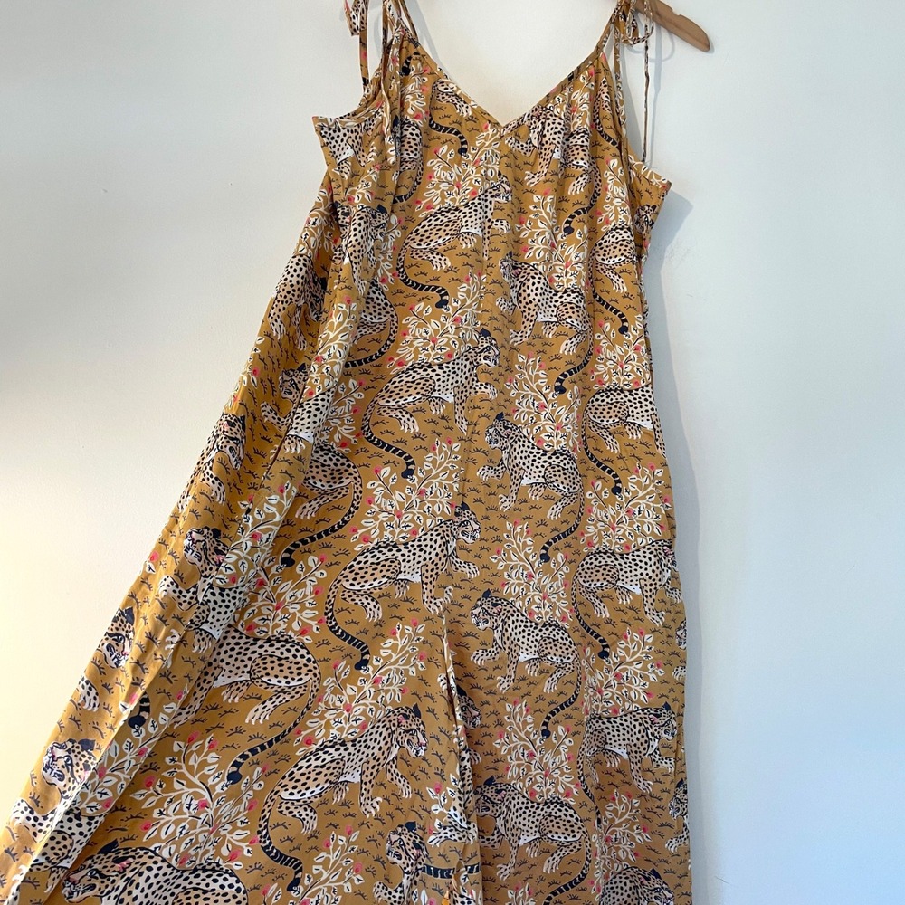 Printfresh Bagheera Leopard Jumpsuit Mustard Yellow Wide Leg Tie Strap L/XL